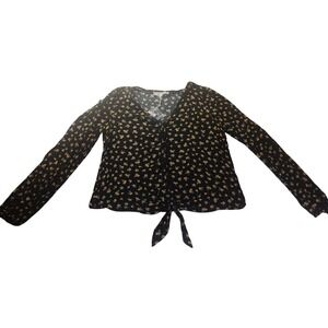 Pink Rose Tie Front Top Black Floral Ditsy Long Sleeve Blouse Womens Size S